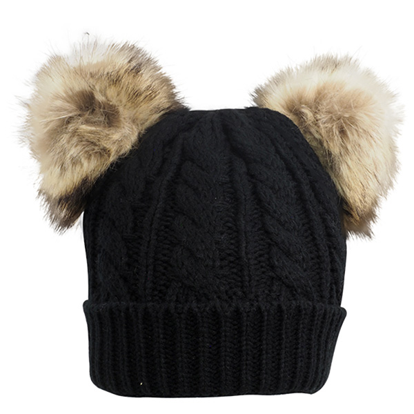 Cable Knit Beanie With Fur Pom Ears (NEW) - Image 2