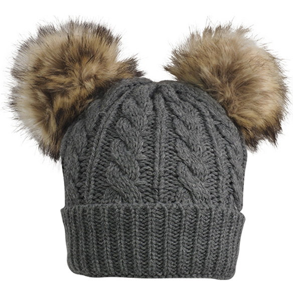 Cable Knit Beanie With Fur Pom Ears (NEW) - Image 3